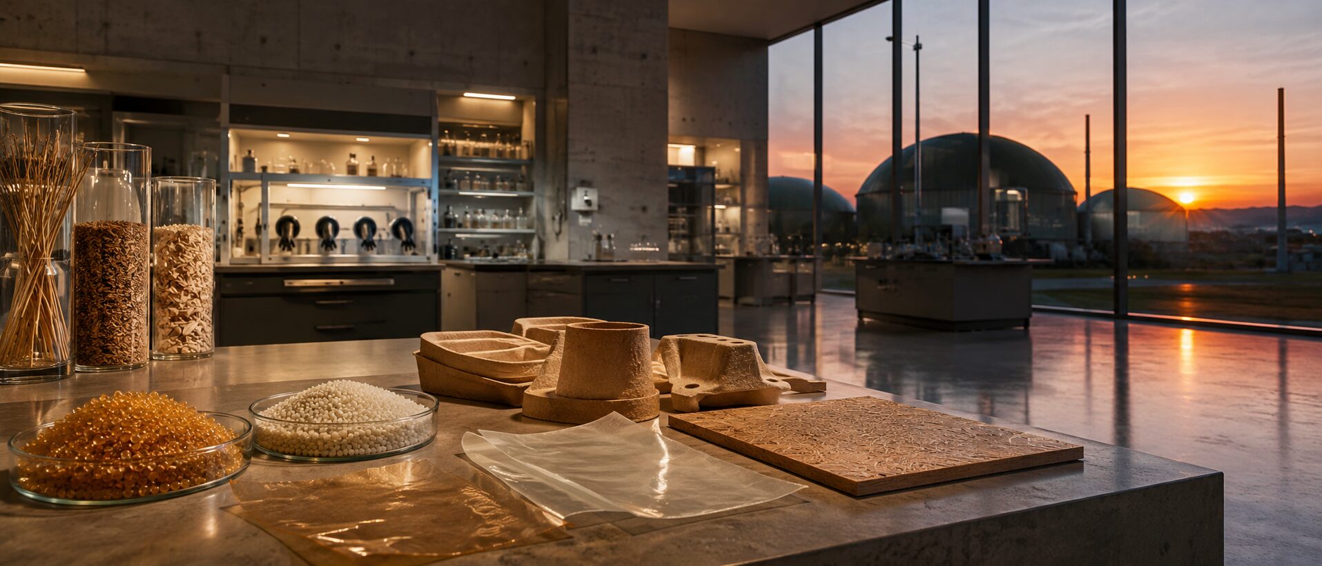 Materiallabor mit Proben biobasierter Kunststoffe und Faserwerkstoffe, Blick auf eine Biogasanlage im Abendlicht
